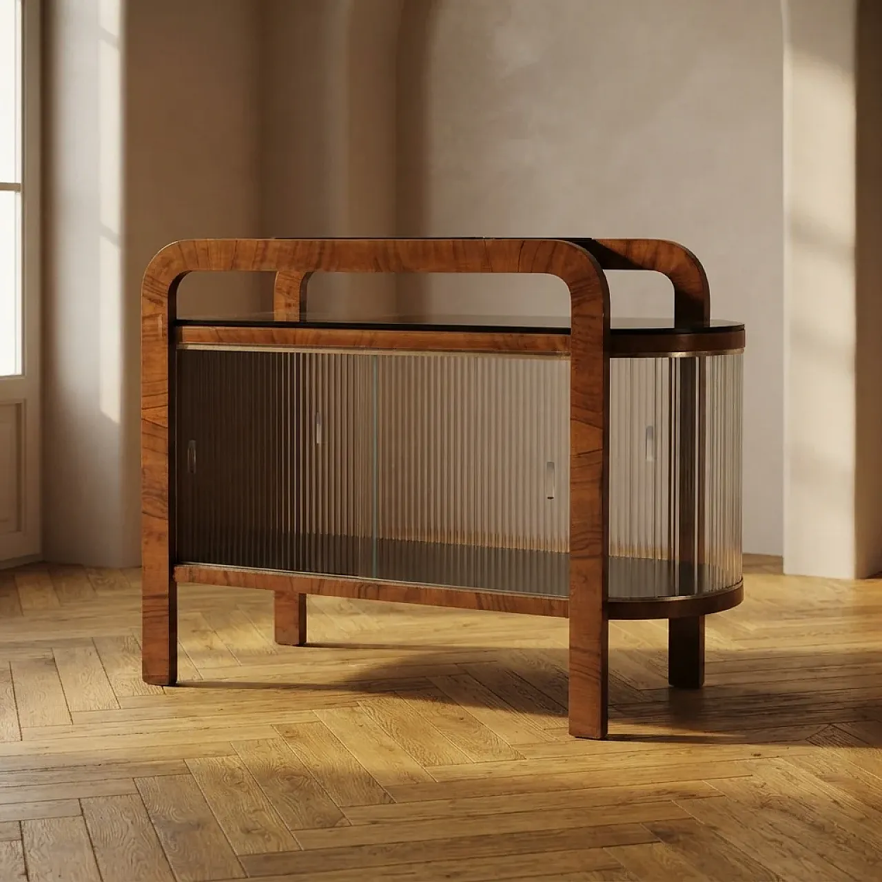 Vetrina con cornice curva in legno e porte in vetro, metà '900 1
