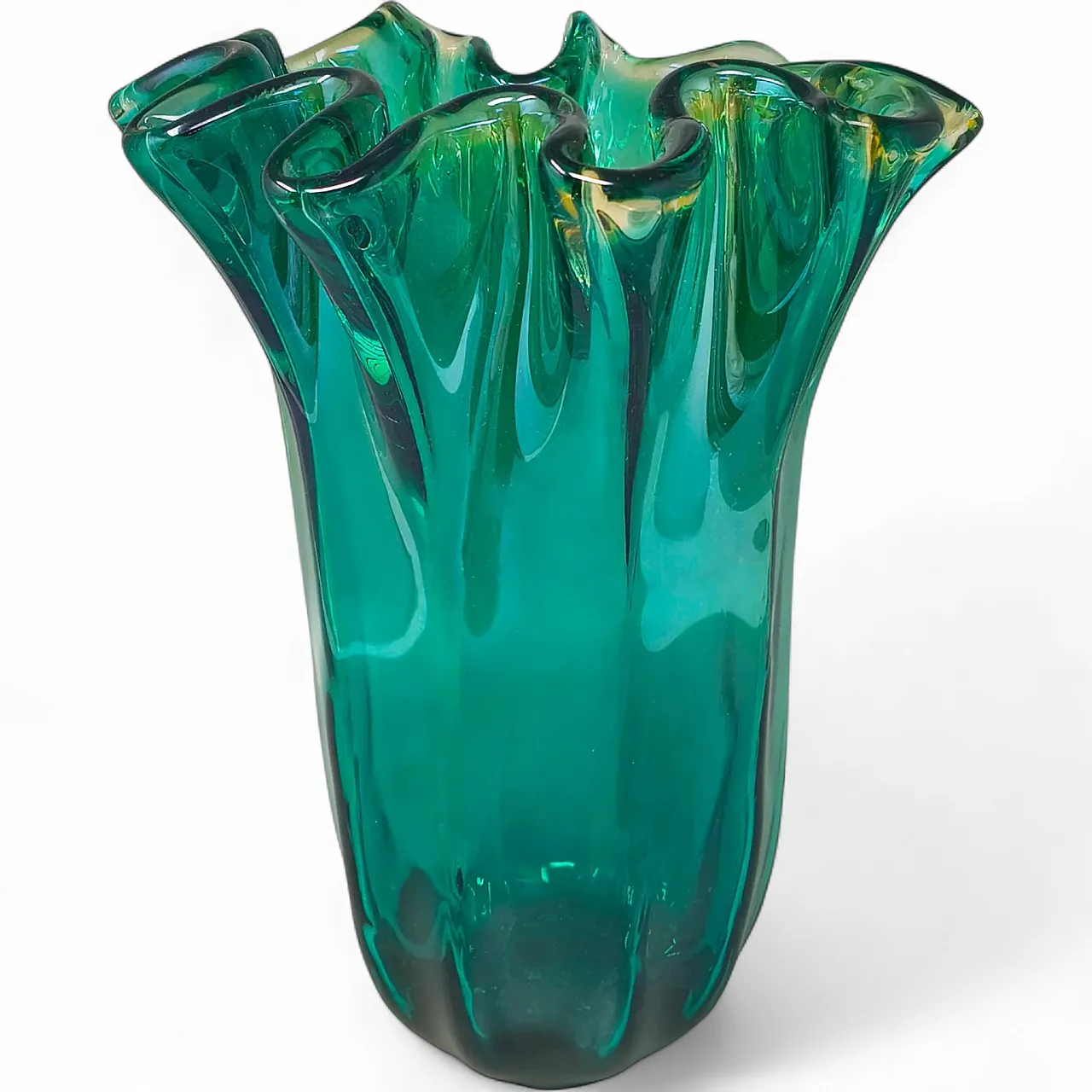 Michielotto emerald green Fazzoletto Murano glass vase, 1970s 8