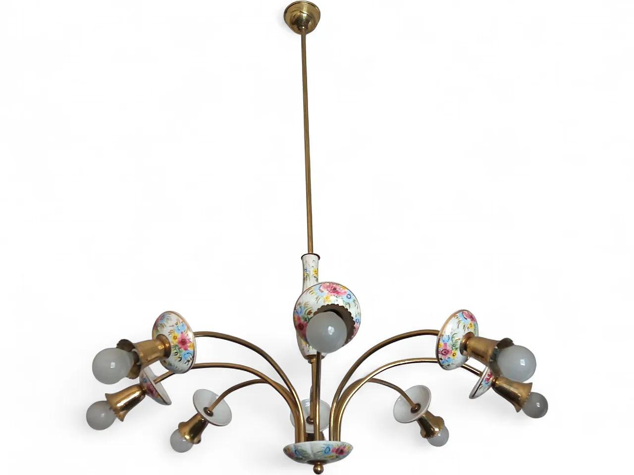 Lampadario floreale in porcellana e ottone, metà 900 15