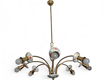 Lampadario floreale in porcellana e ottone, metà 900