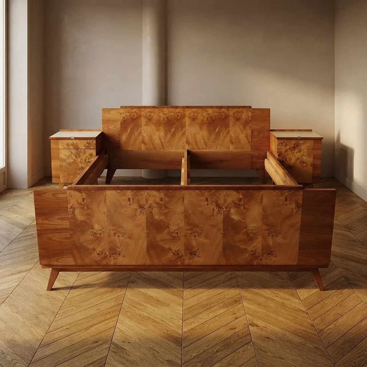 Bed with 2 nightstands with burl veneer, mid-20th century 1