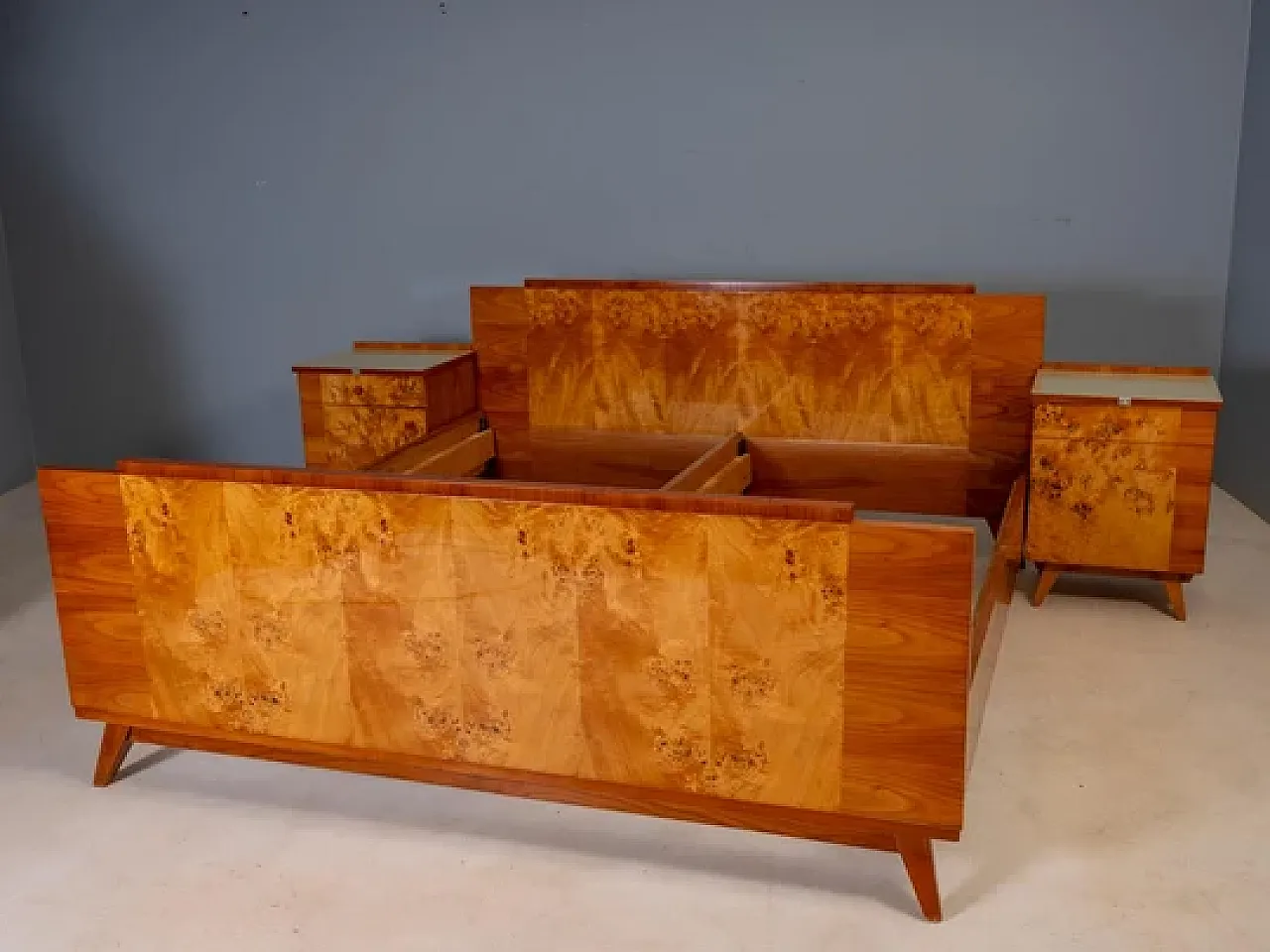 Bed with 2 nightstands with burl veneer, mid-20th century 3