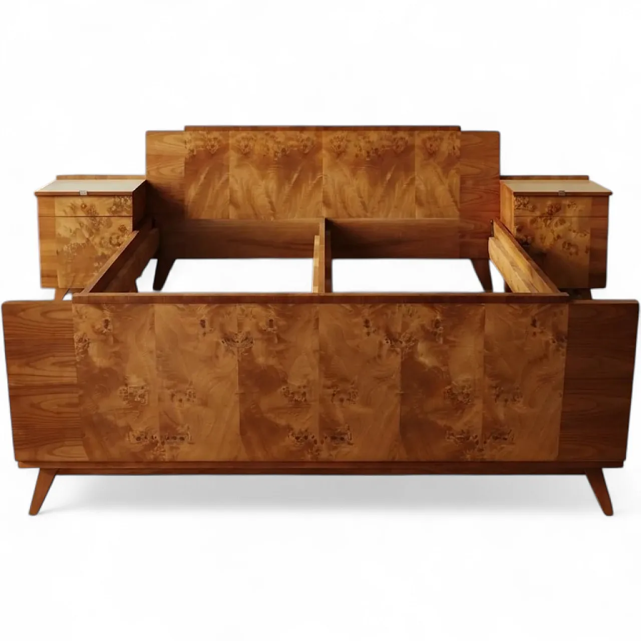 Bed with 2 nightstands with burl veneer, mid-20th century 12