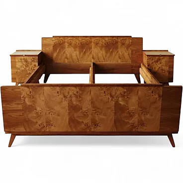 Bed with 2 nightstands with burl veneer, mid-20th century