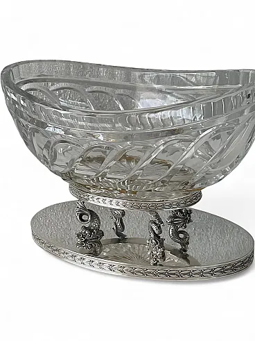 Centrotavola con delfini in argento 800 e cristallo, anni '70