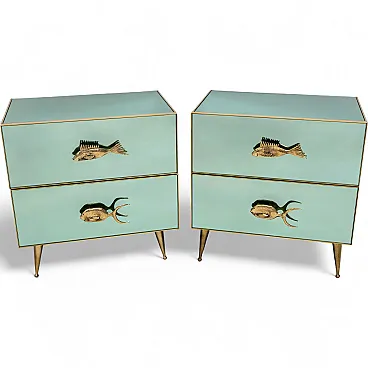 Pair of bedside tables in mirrored glass and brass handles, 2000s