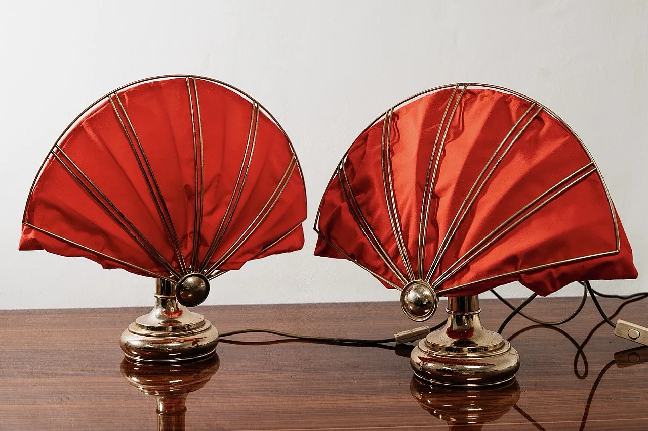 Pair of Hollywood Regency Brass Fan Table Lamps, 1970s 1