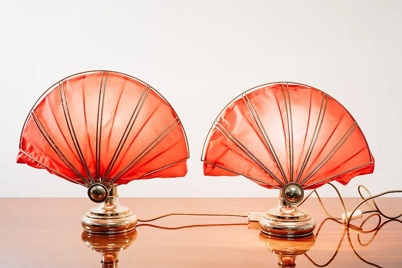 Pair of Hollywood Regency Brass Fan Table Lamps, 1970s 3