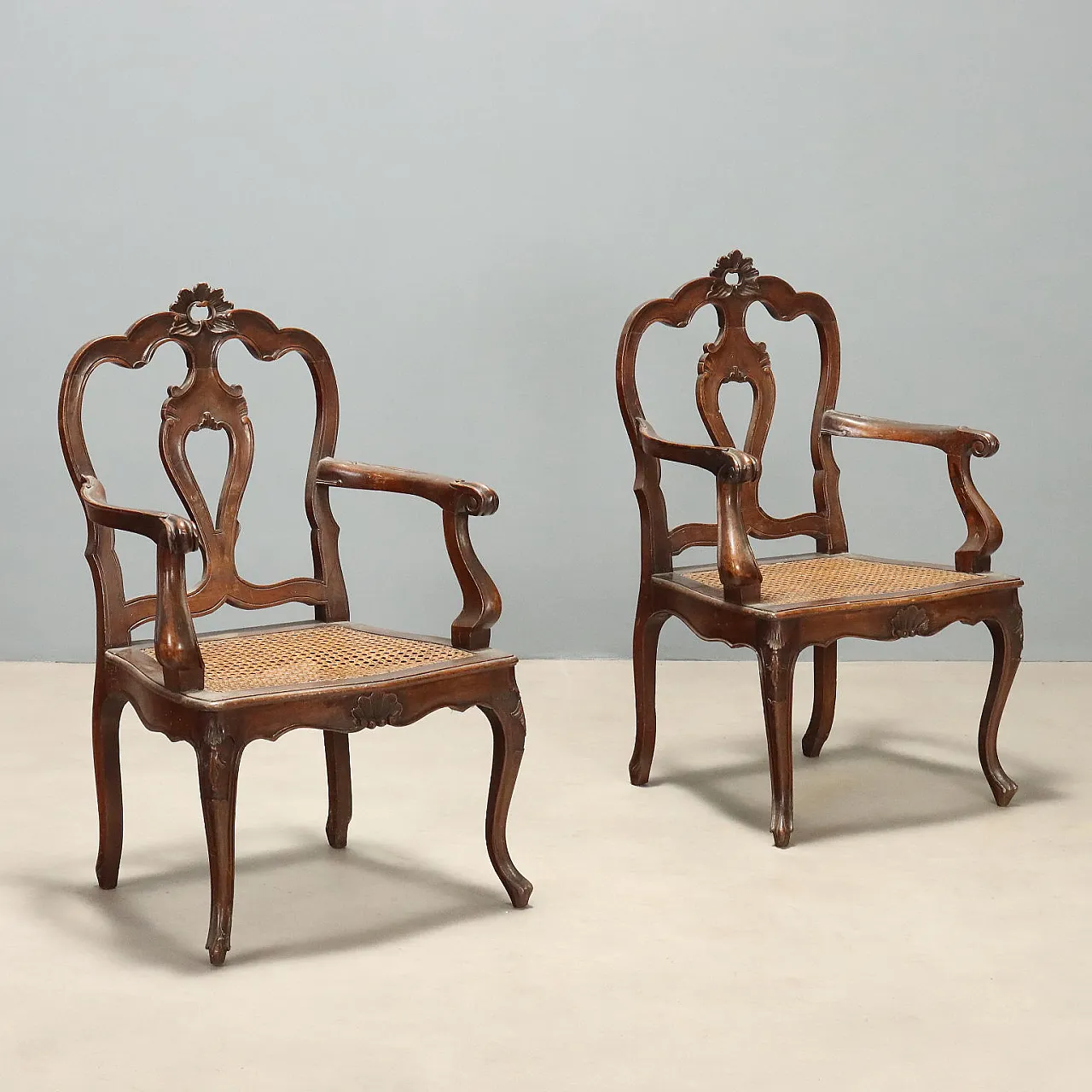 Pair of Baroque style walnut armchairs, late 19th century 1