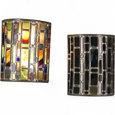 Pair of wall lamps with colored glass, 20th century