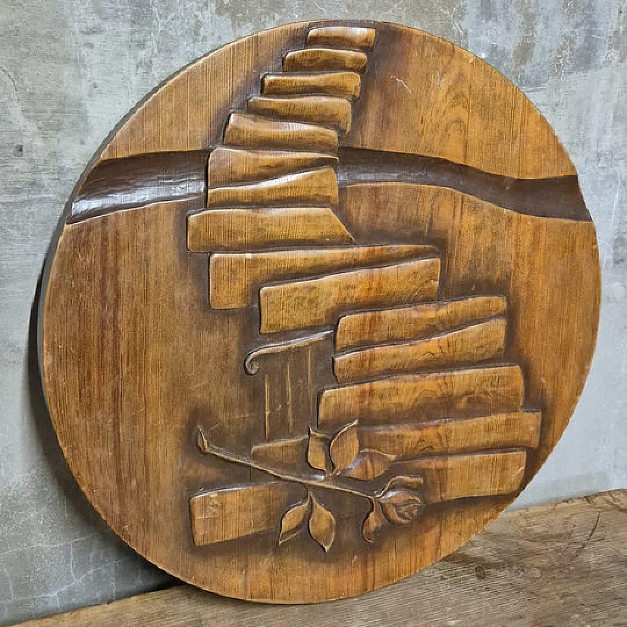 Carved wooden wall plaque, sculptural relief, mid-20th century 2