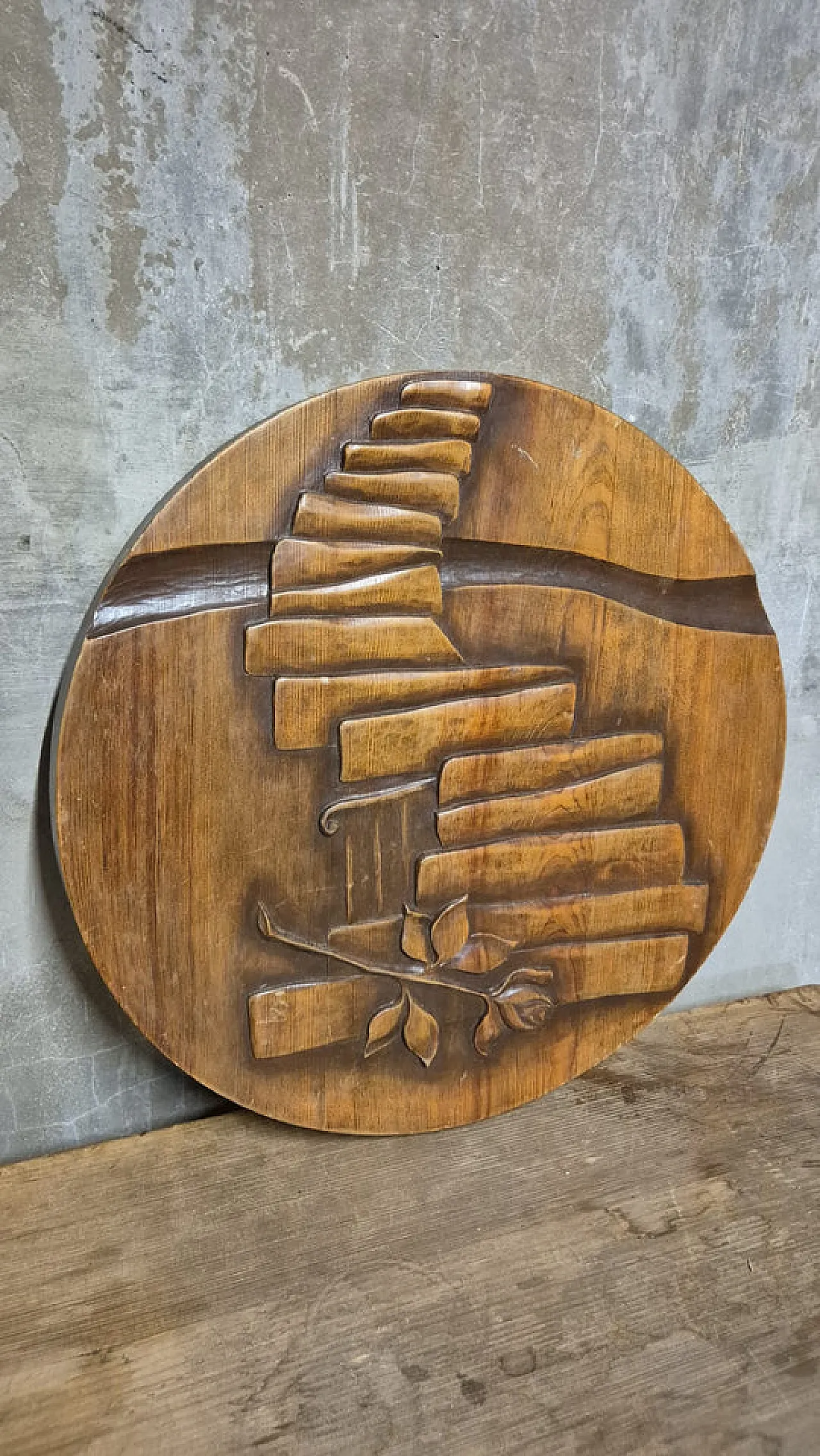Carved wooden wall plaque, sculptural relief, mid-20th century 3