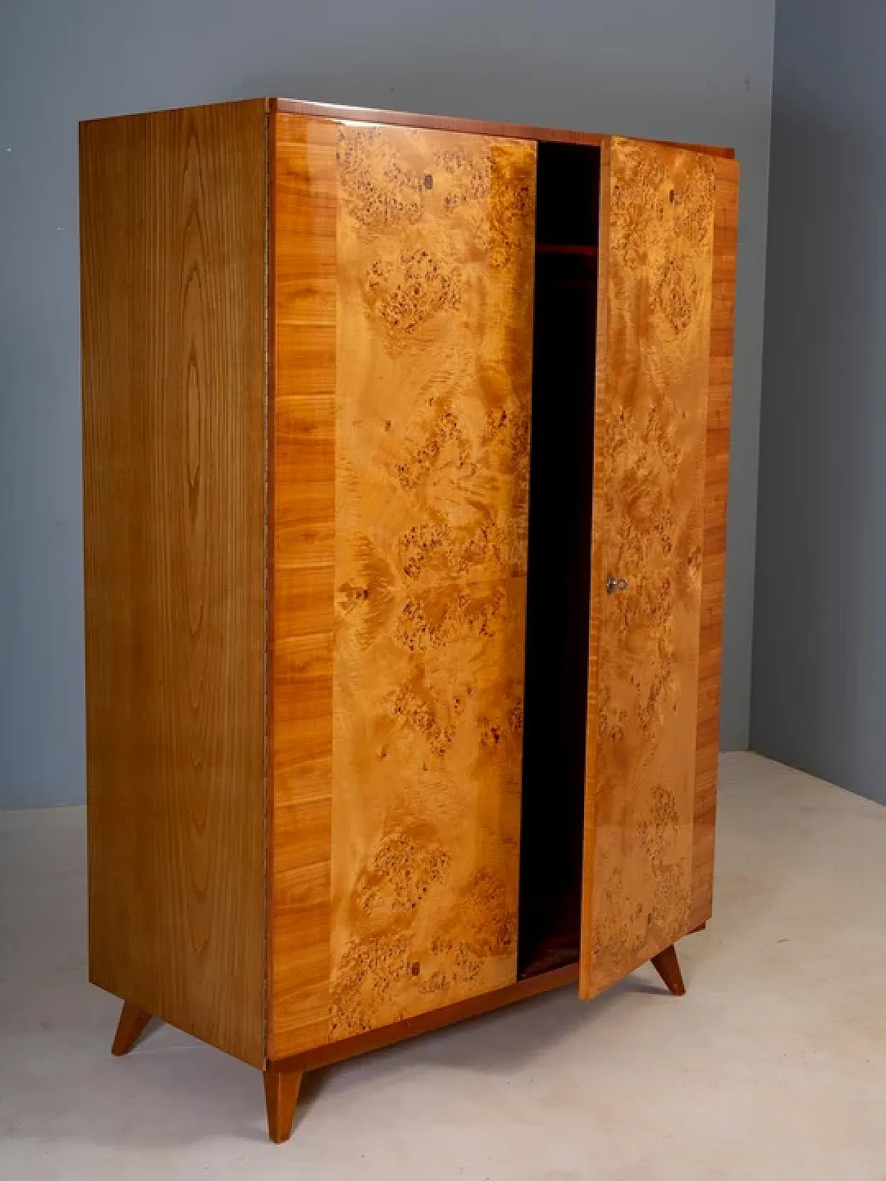3 Wardrobe cabinet, burl wood veneer, mid-20th century 16