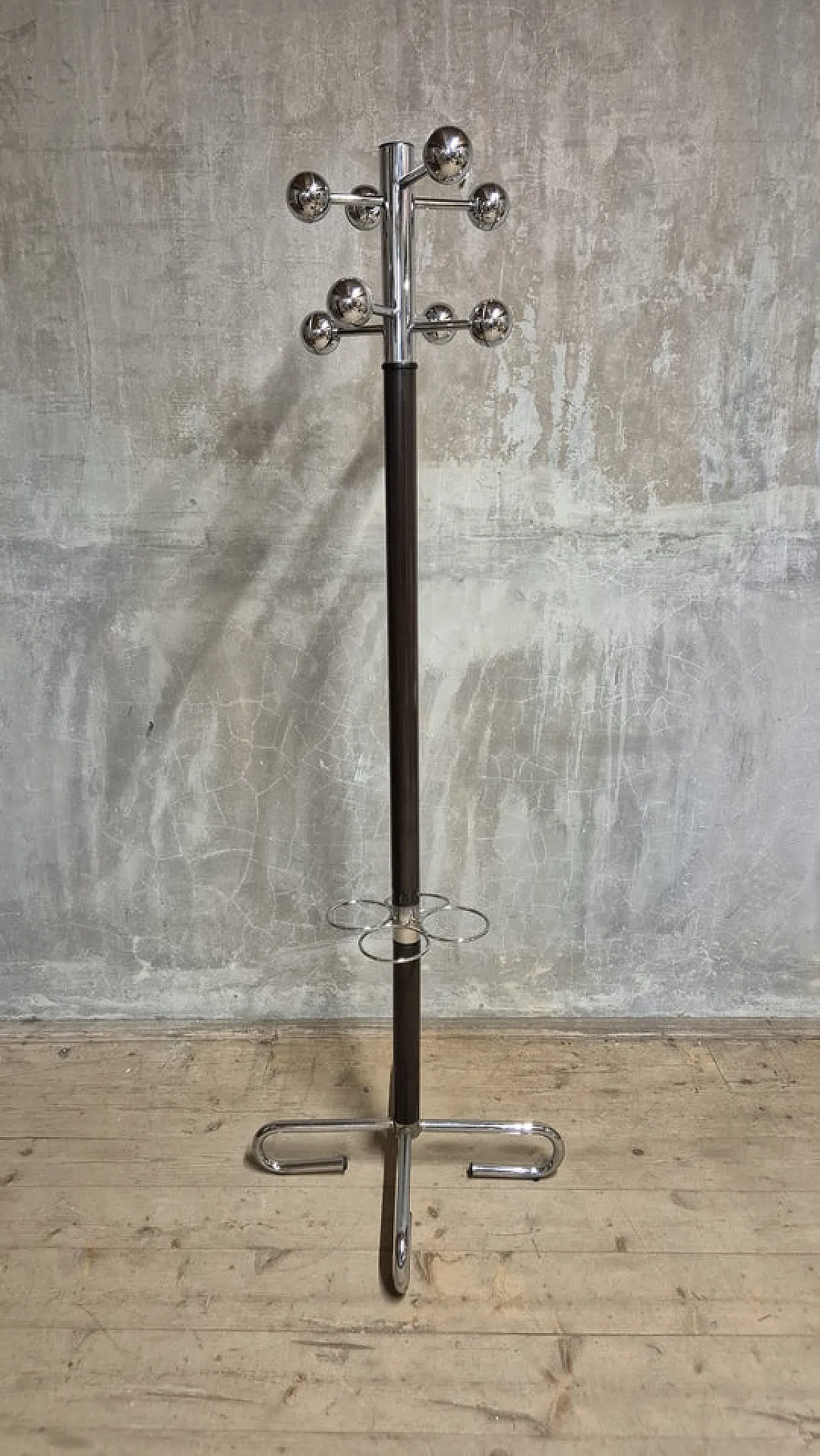 Appendiabiti con portaombrelli, cromato Metallo e legno, metà '900 1