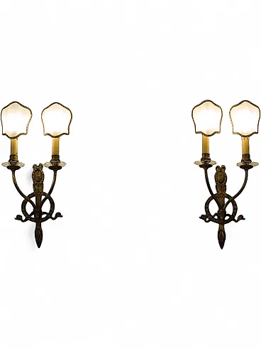 Pair of Empire-style wall lamps in hand-chiseled brass, 1920s