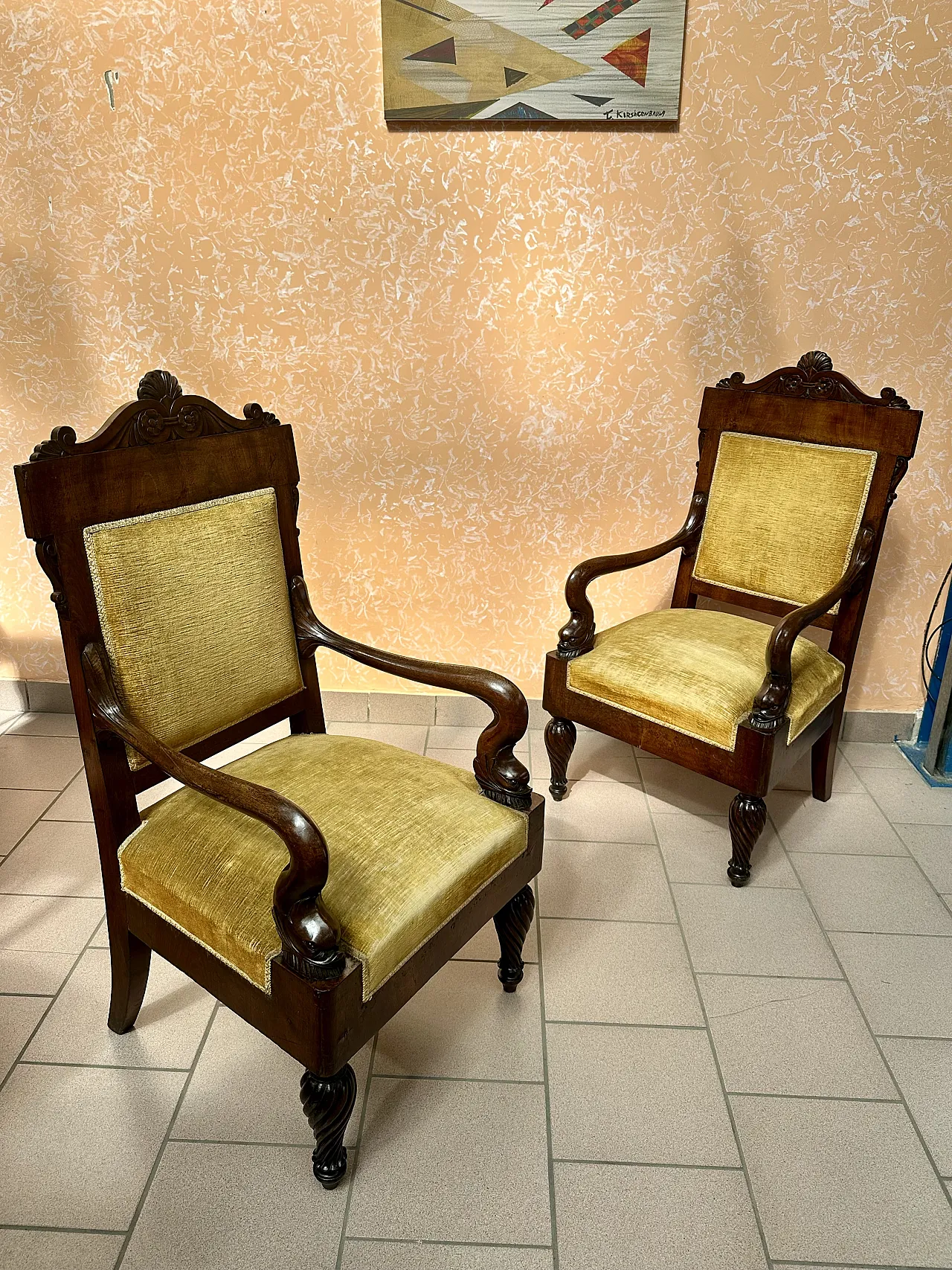 Large Pair of Armchairs with Dolphins, Mahogany, Empire, Genoa, early 19th century 1