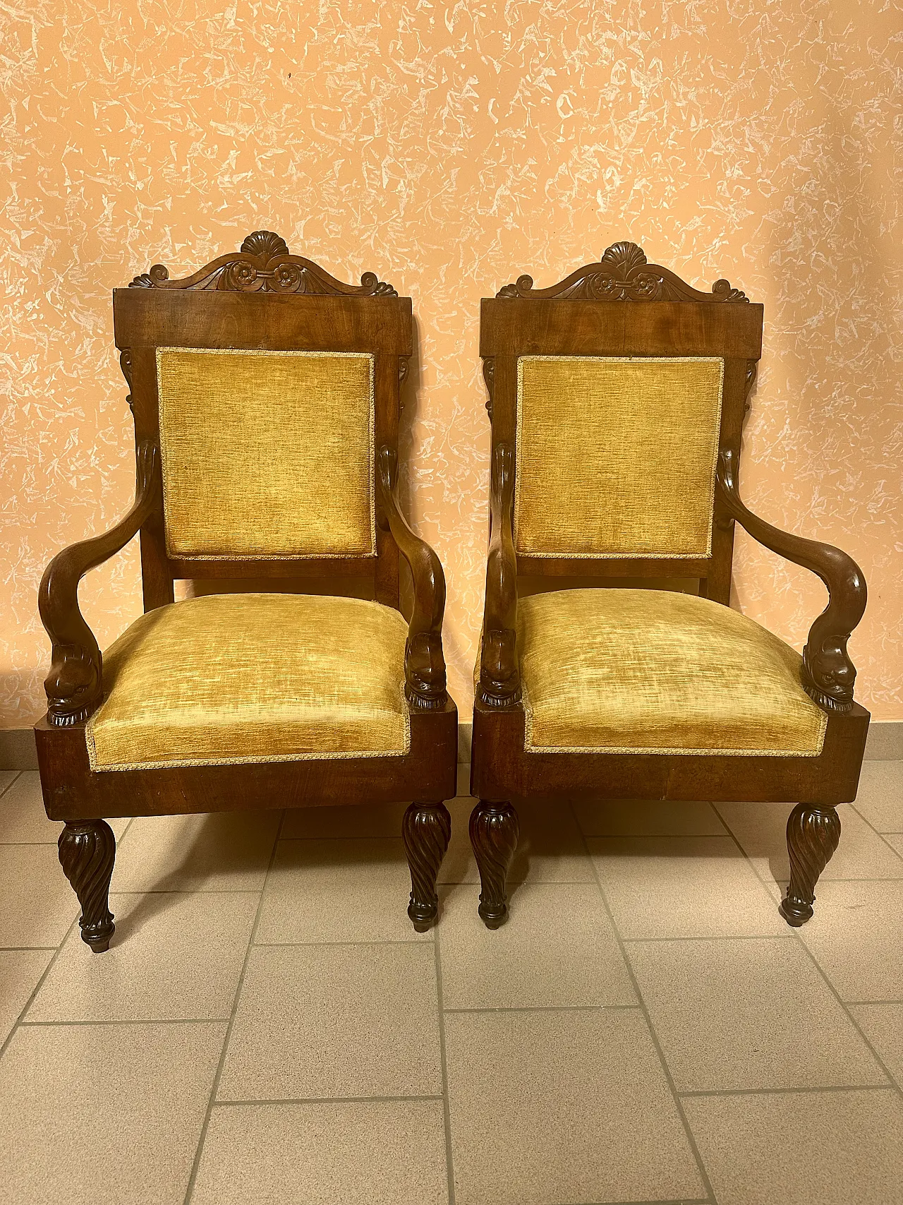 Large Pair of Armchairs with Dolphins, Mahogany, Empire, Genoa, early 19th century 2