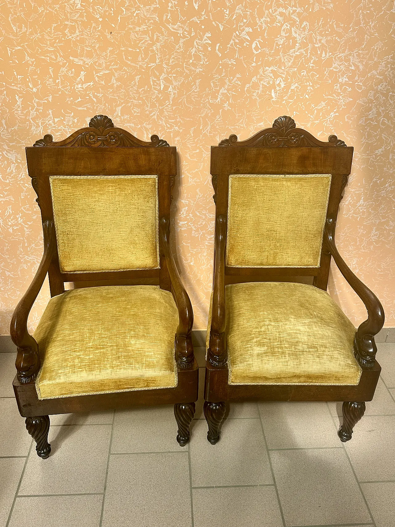Large Pair of Armchairs with Dolphins, Mahogany, Empire, Genoa, early 19th century 3