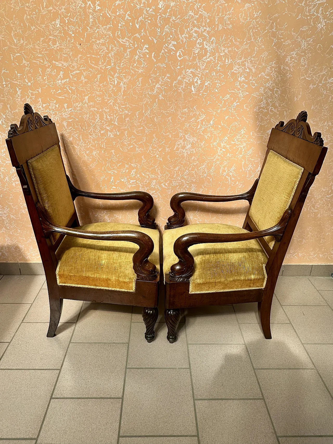 Large Pair of Armchairs with Dolphins, Mahogany, Empire, Genoa, early 19th century 7