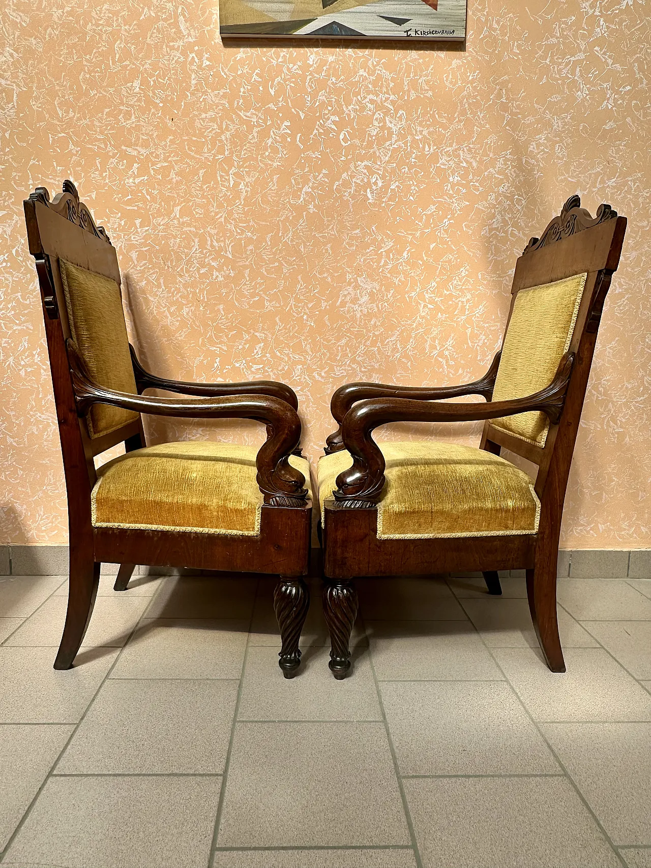 Large Pair of Armchairs with Dolphins, Mahogany, Empire, Genoa, early 19th century 8