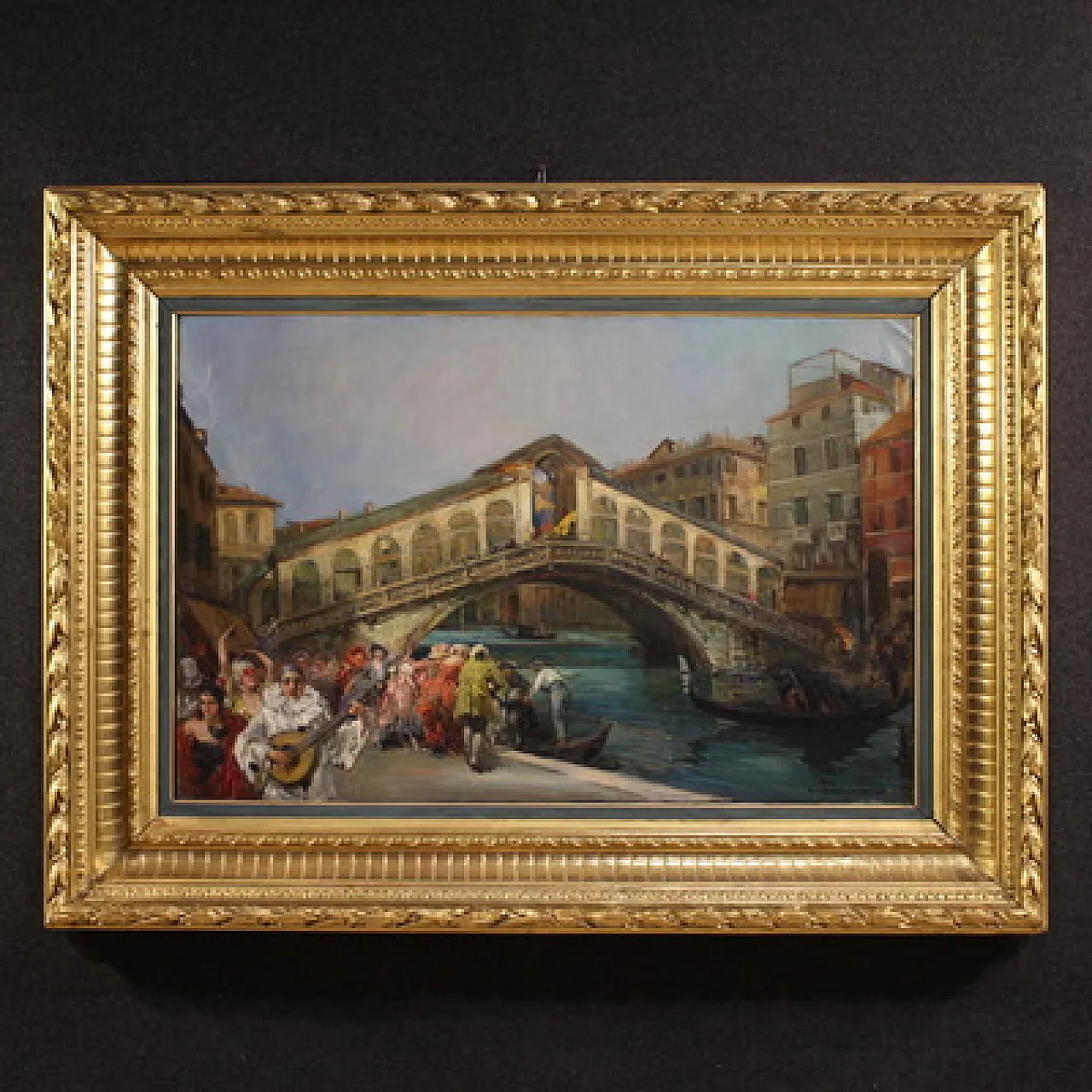 Large 20th-century painting by C. Mannucci, Carnival on the Bridge 1