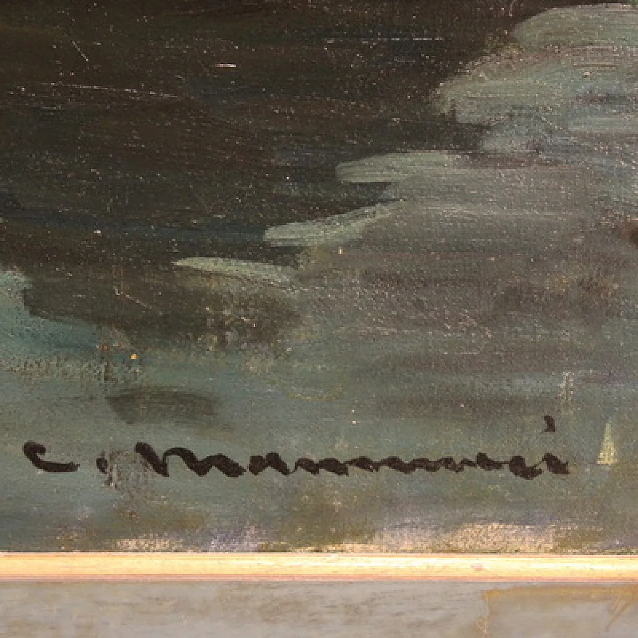 Large 20th-century painting by C. Mannucci, Carnival on the Bridge 2