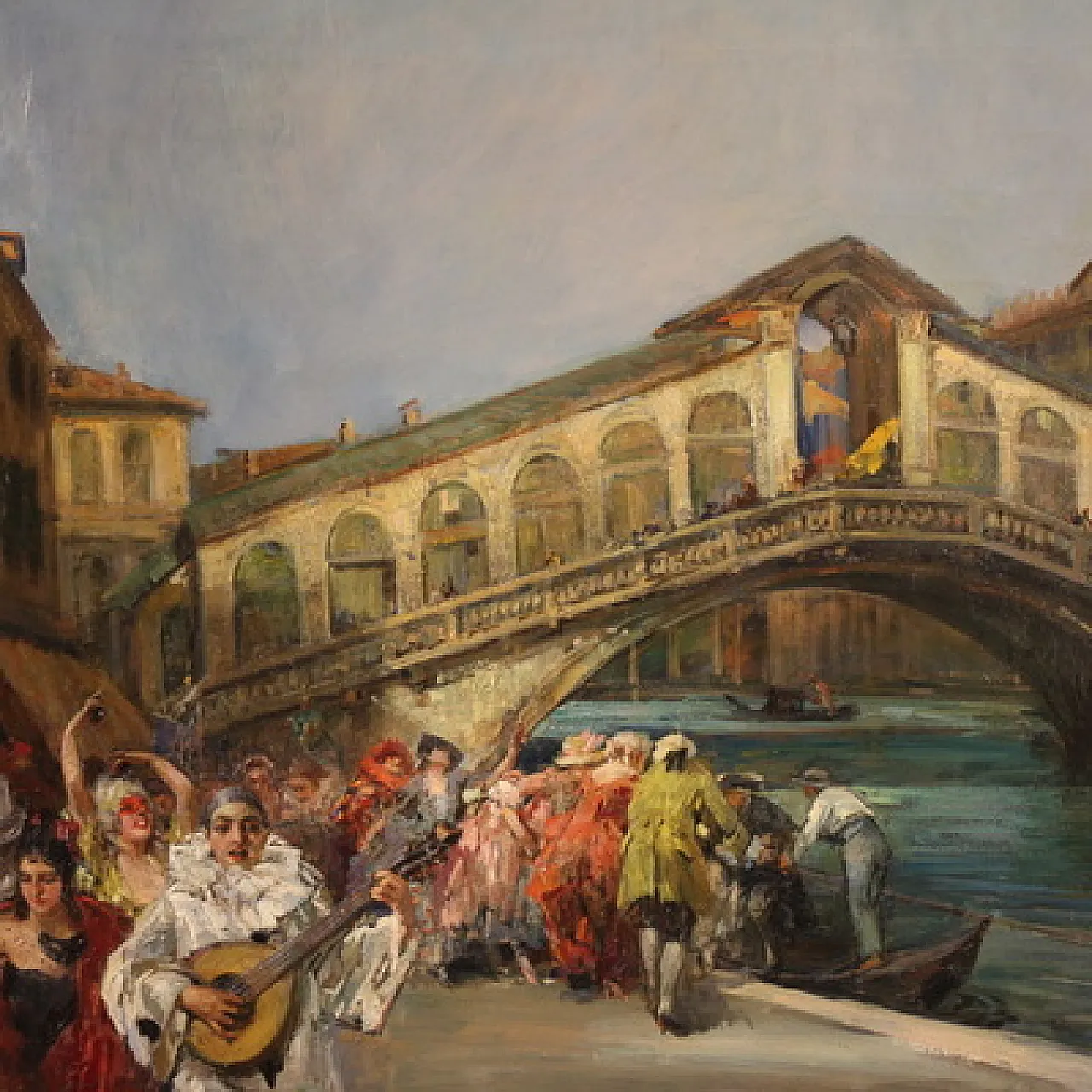 Large 20th-century painting by C. Mannucci, Carnival on the Bridge 3