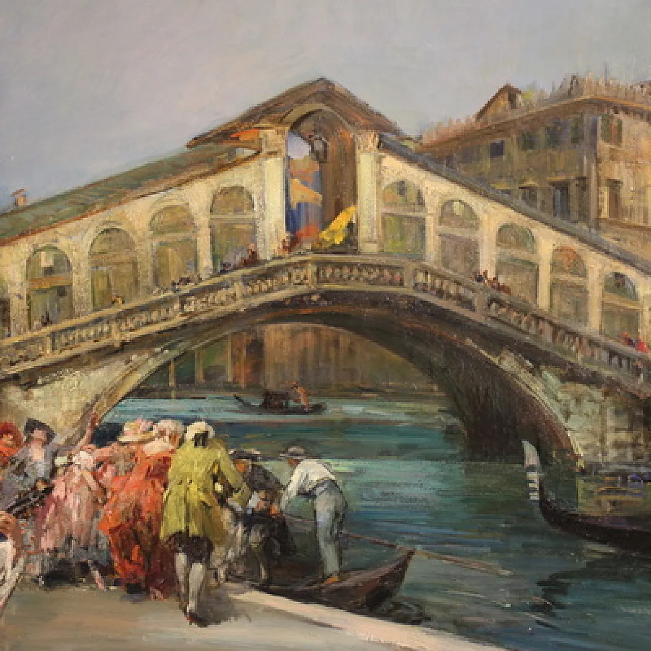 Large 20th-century painting by C. Mannucci, Carnival on the Bridge 5