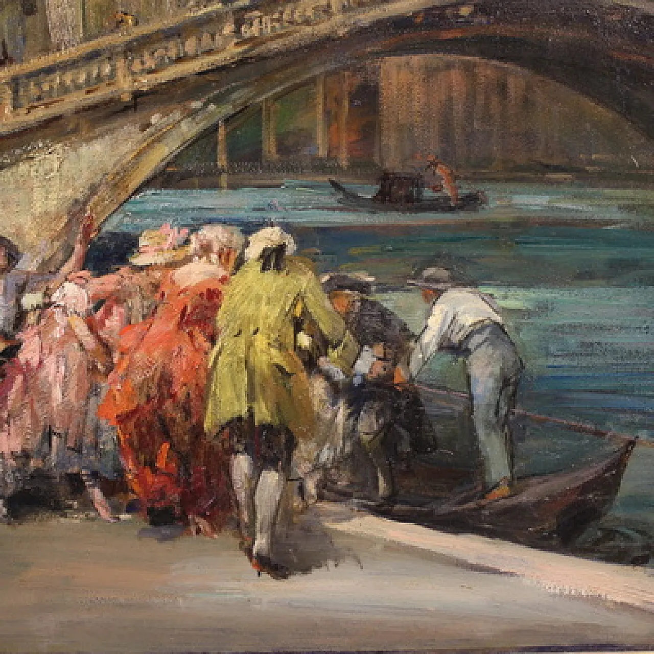 Large 20th-century painting by C. Mannucci, Carnival on the Bridge 7