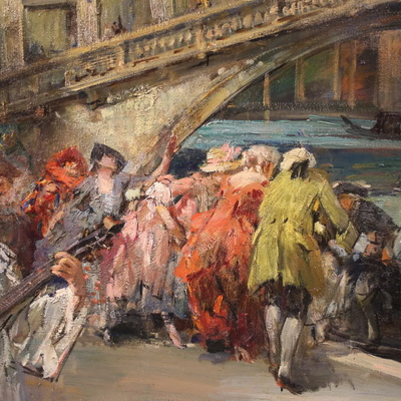Large 20th-century painting by C. Mannucci, Carnival on the Bridge 10