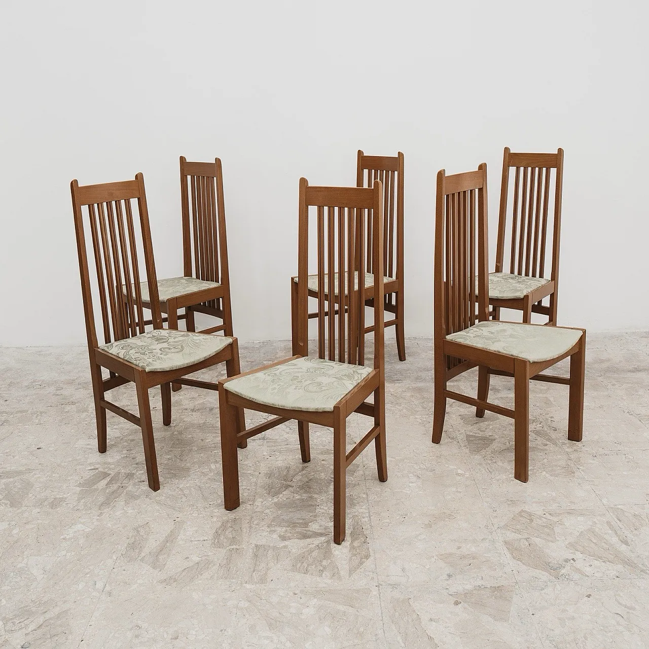 Dining Set 6 Chairs 80s Design Wooden High Back Modern 1