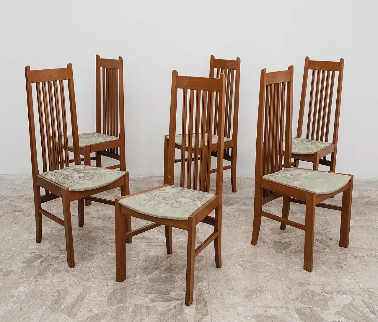 Dining Set 6 Chairs 80s Design Wooden High Back Modern 5