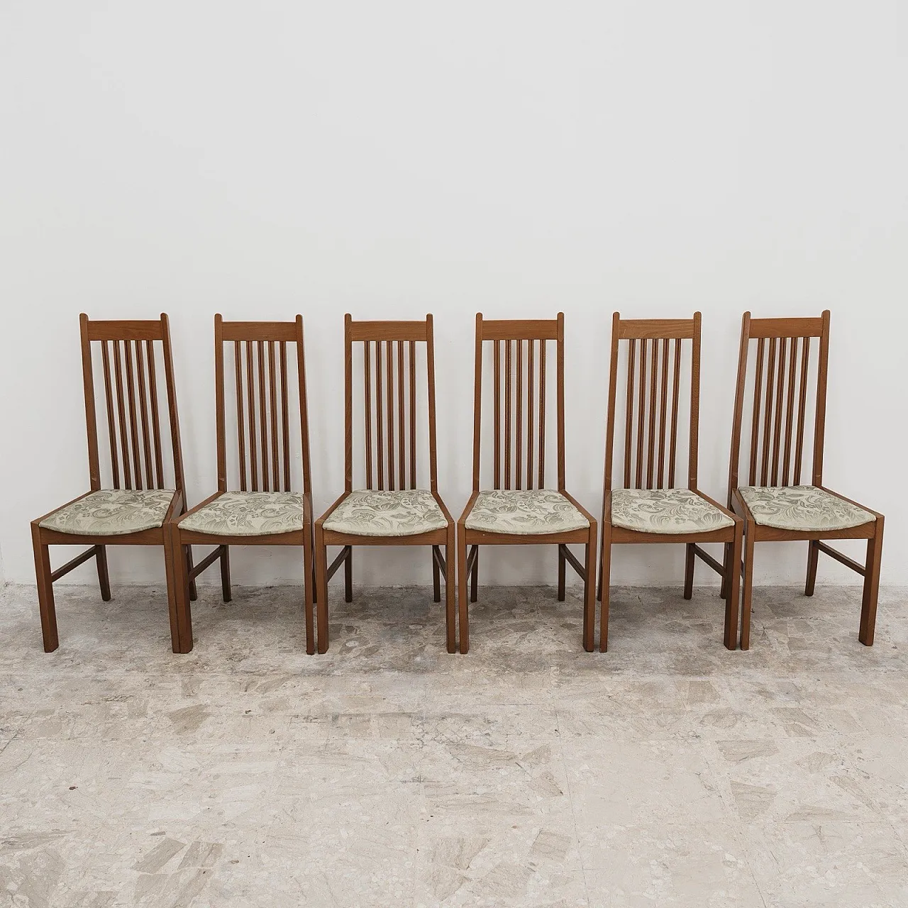 Dining Set 6 Chairs 80s Design Wooden High Back Modern 9