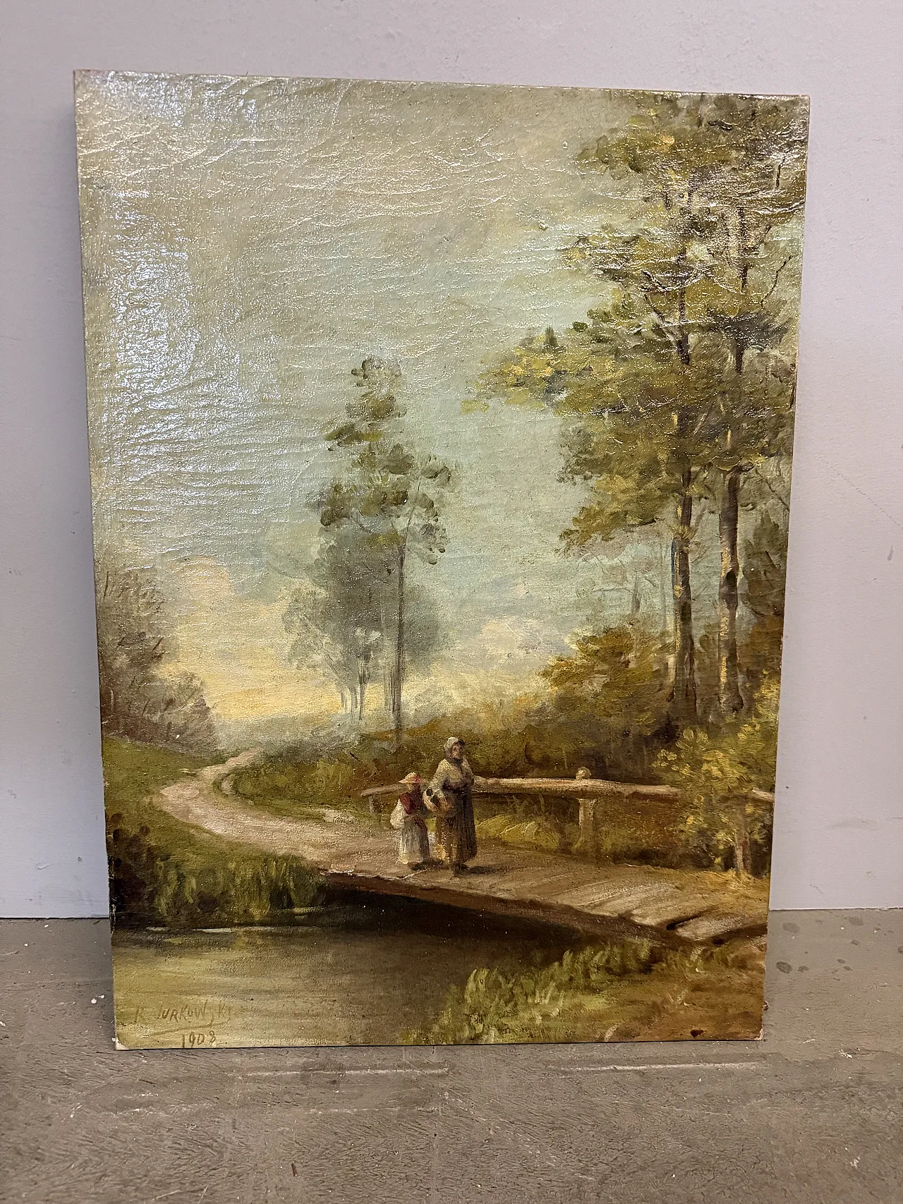 Antique landscape and character painting, 19th century, oil on canvas, 59x42cm. 1