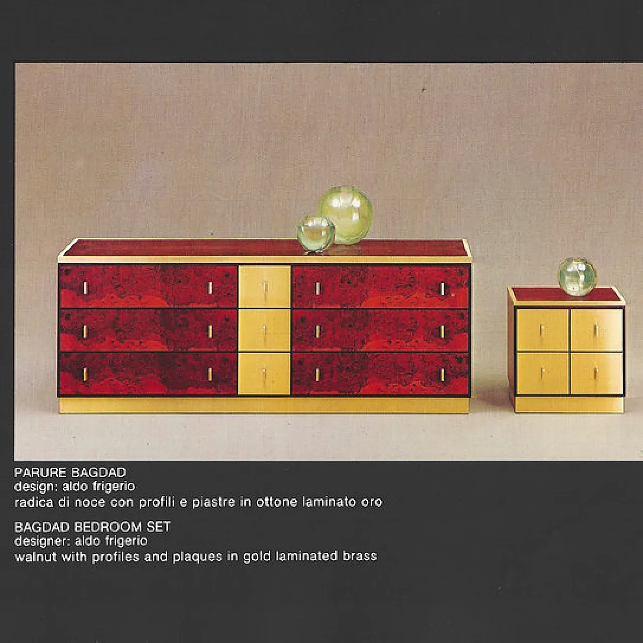 Aldo Frigerio walnut burl and brass nightstands, 1970s 2