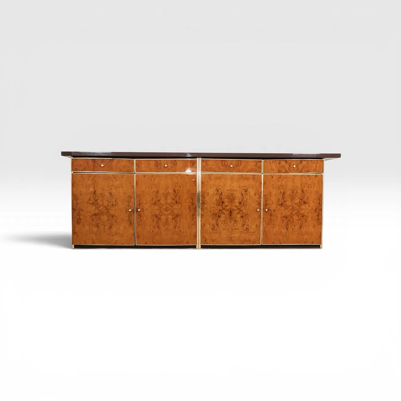 Sideboard in briar root and golden metal, modern 1970s style 1