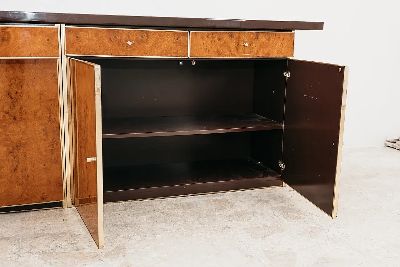 Sideboard in briar root and golden metal, modern 1970s style 10