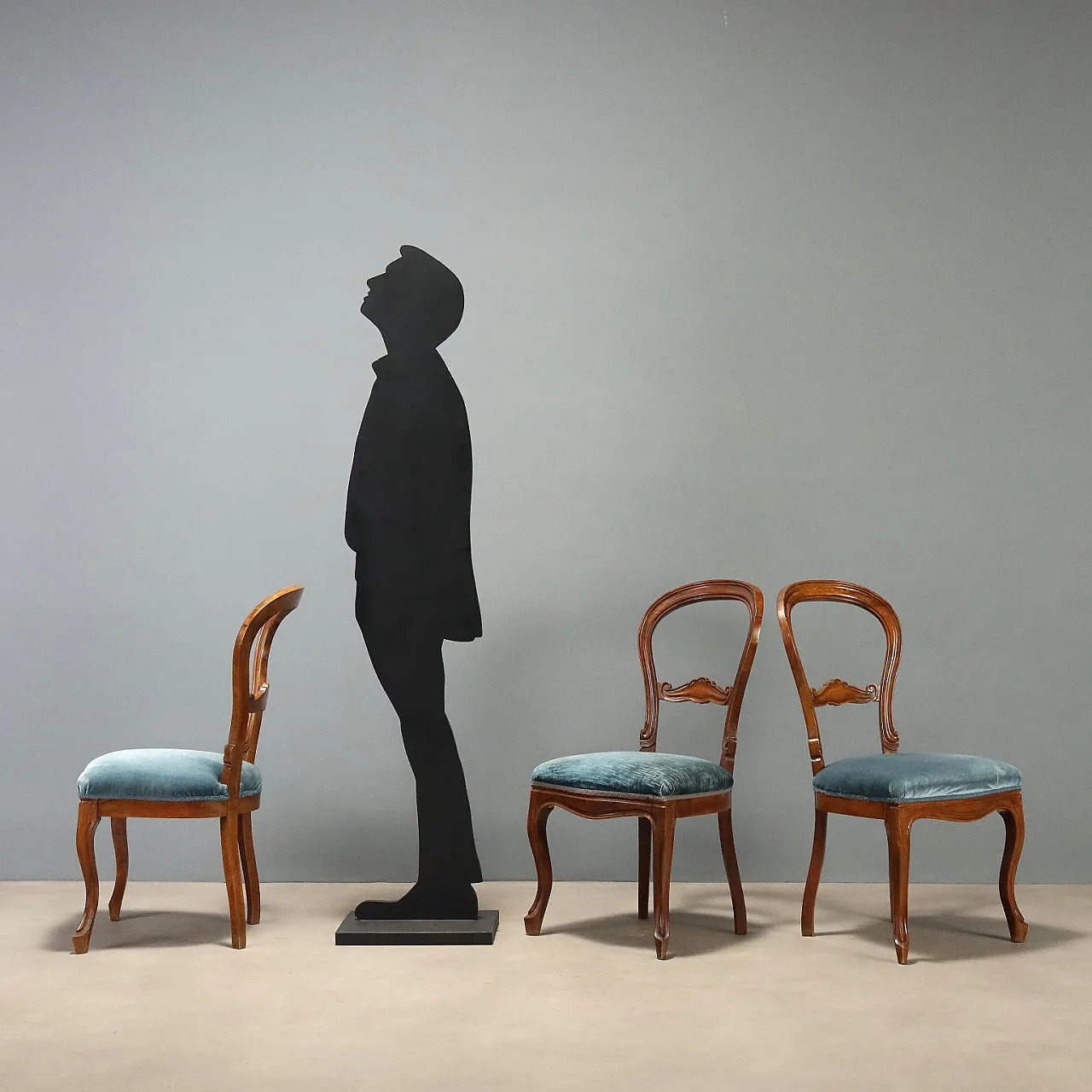 3 Sedie Luigi Filippo in noce con velluto blu, '800 2