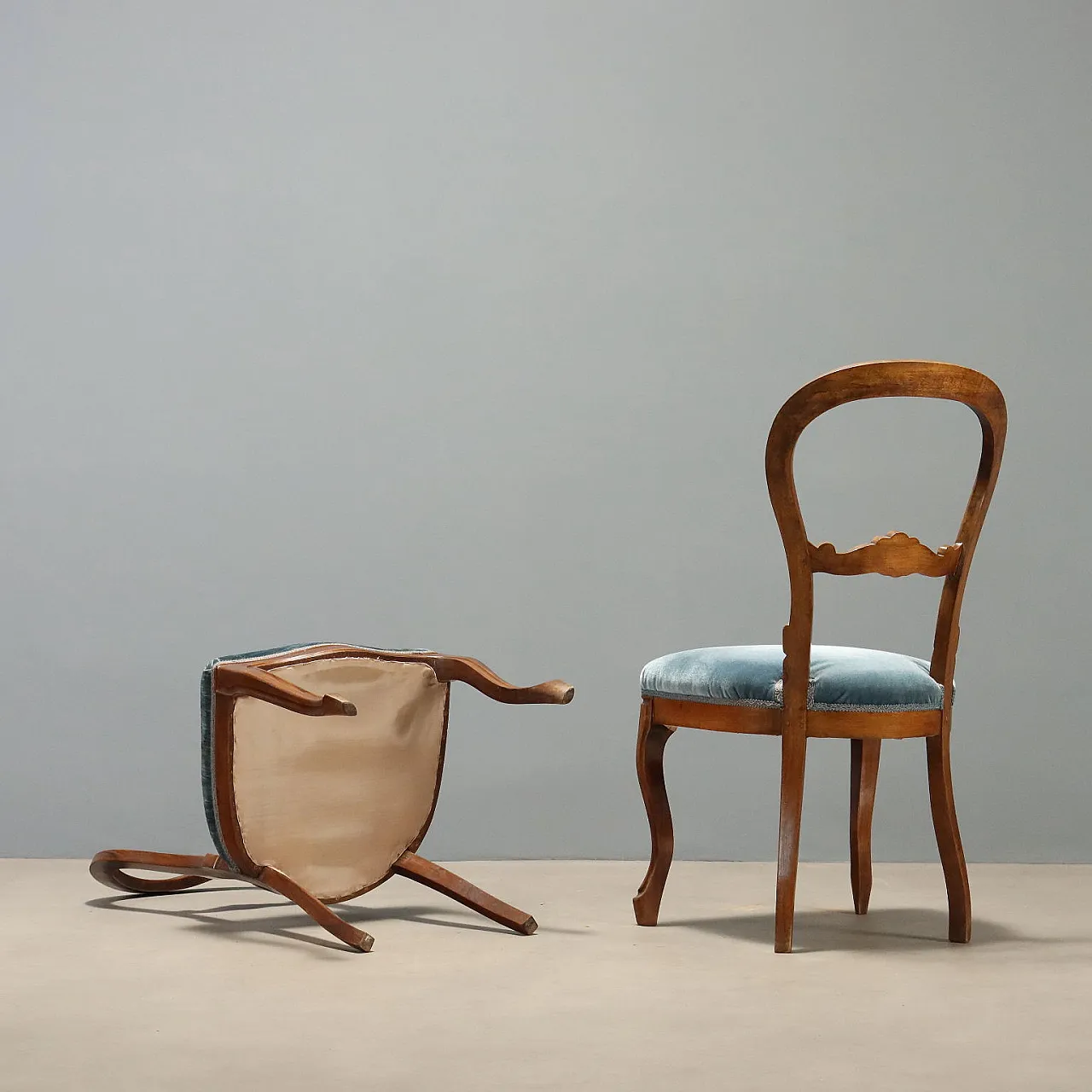3 Sedie Luigi Filippo in noce con velluto blu, '800 8
