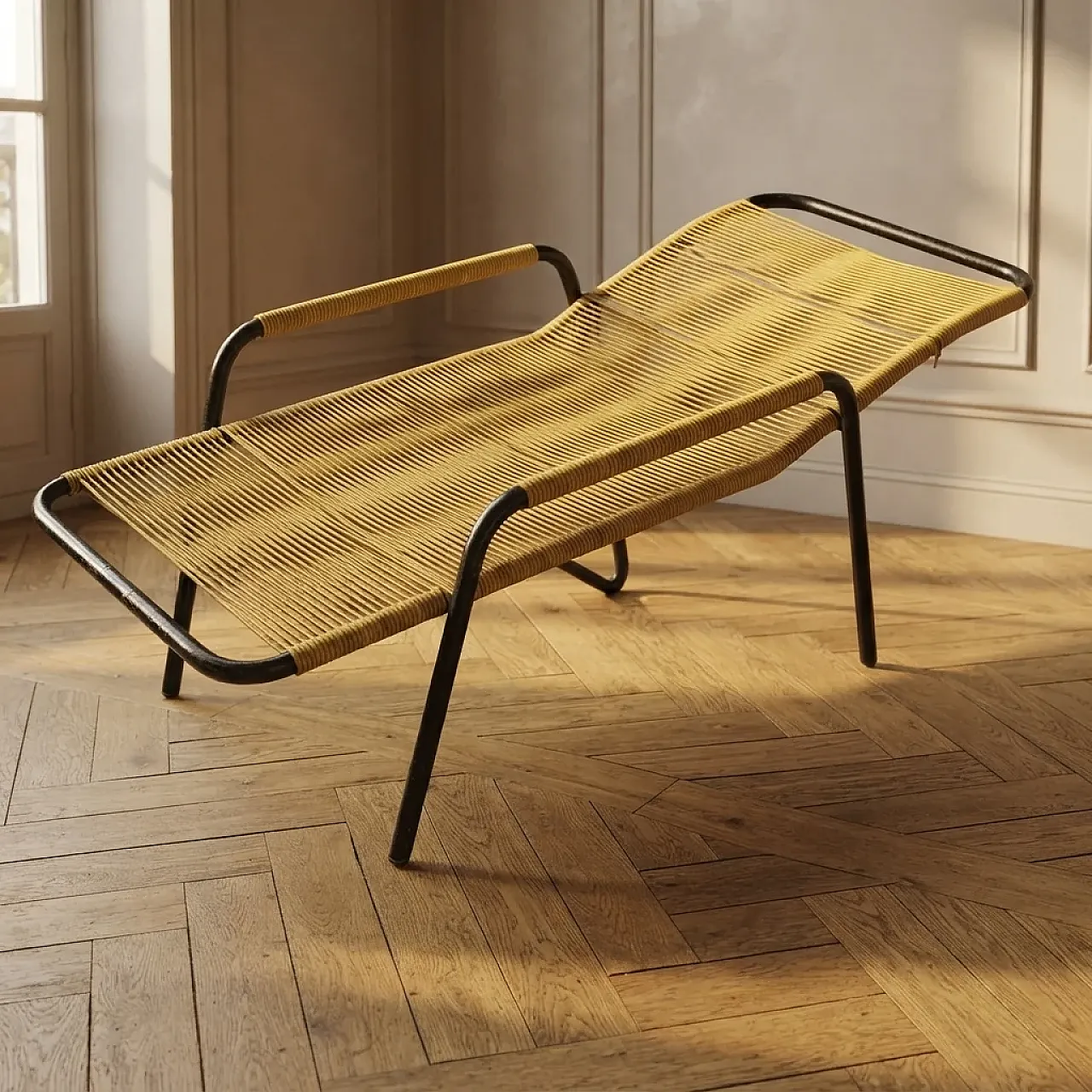 Sedia lounge in corda gialla in metallo tubolare, anni '70 1