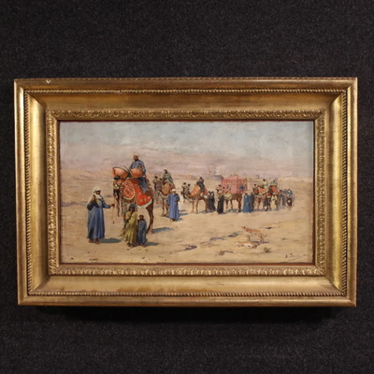 Orientalist painting signed A. Rossi and dated 1893, caravan in the desert 1
