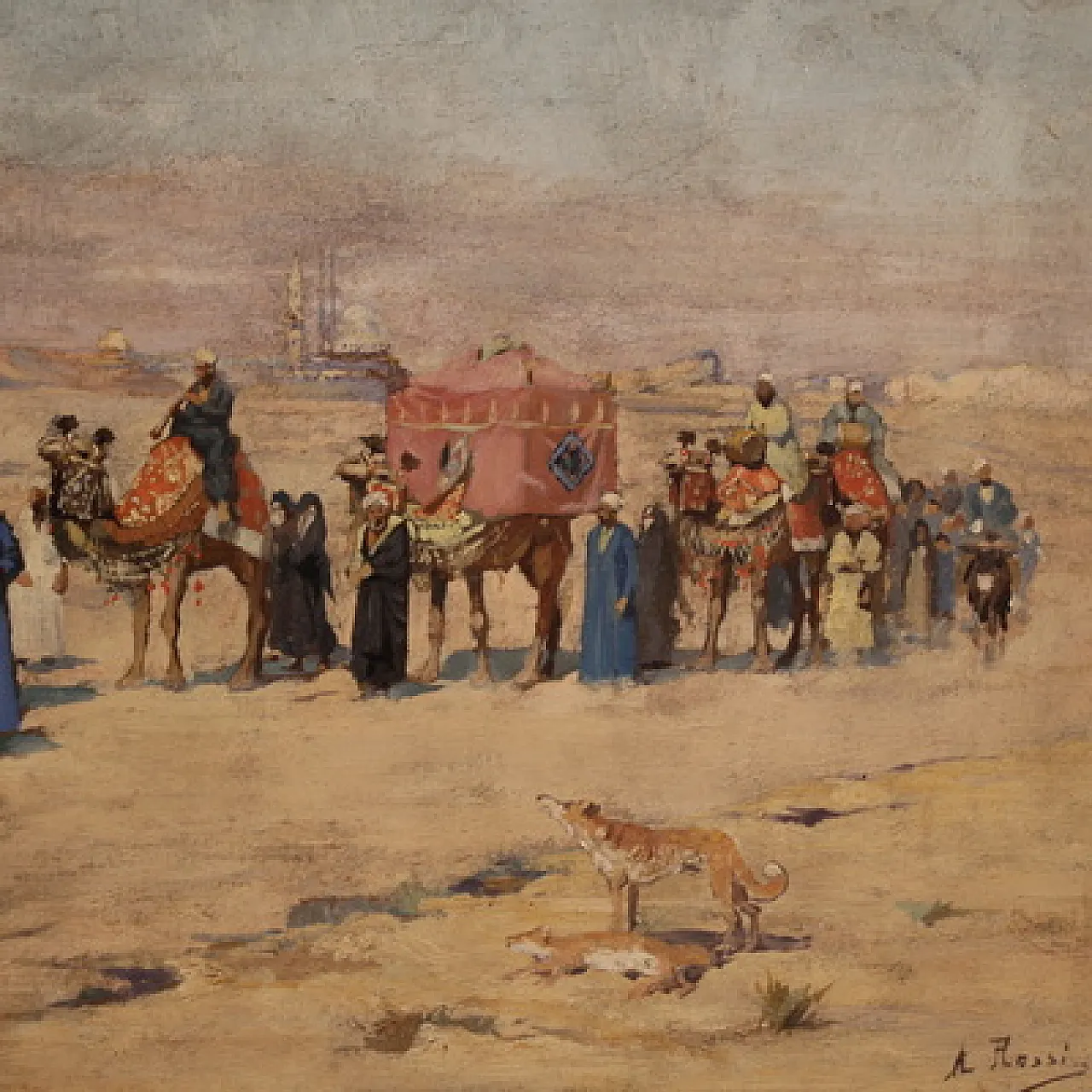 Orientalist painting signed A. Rossi and dated 1893, caravan in the desert 3