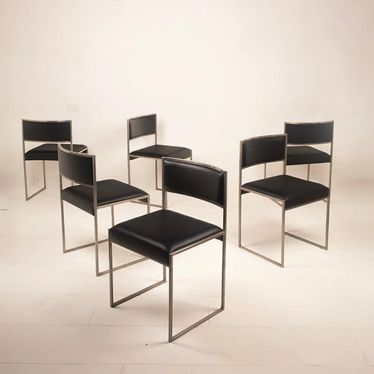 6 SQ brushed steel and eco-leather dining chairs by Willy Rizzo, 1970s 1