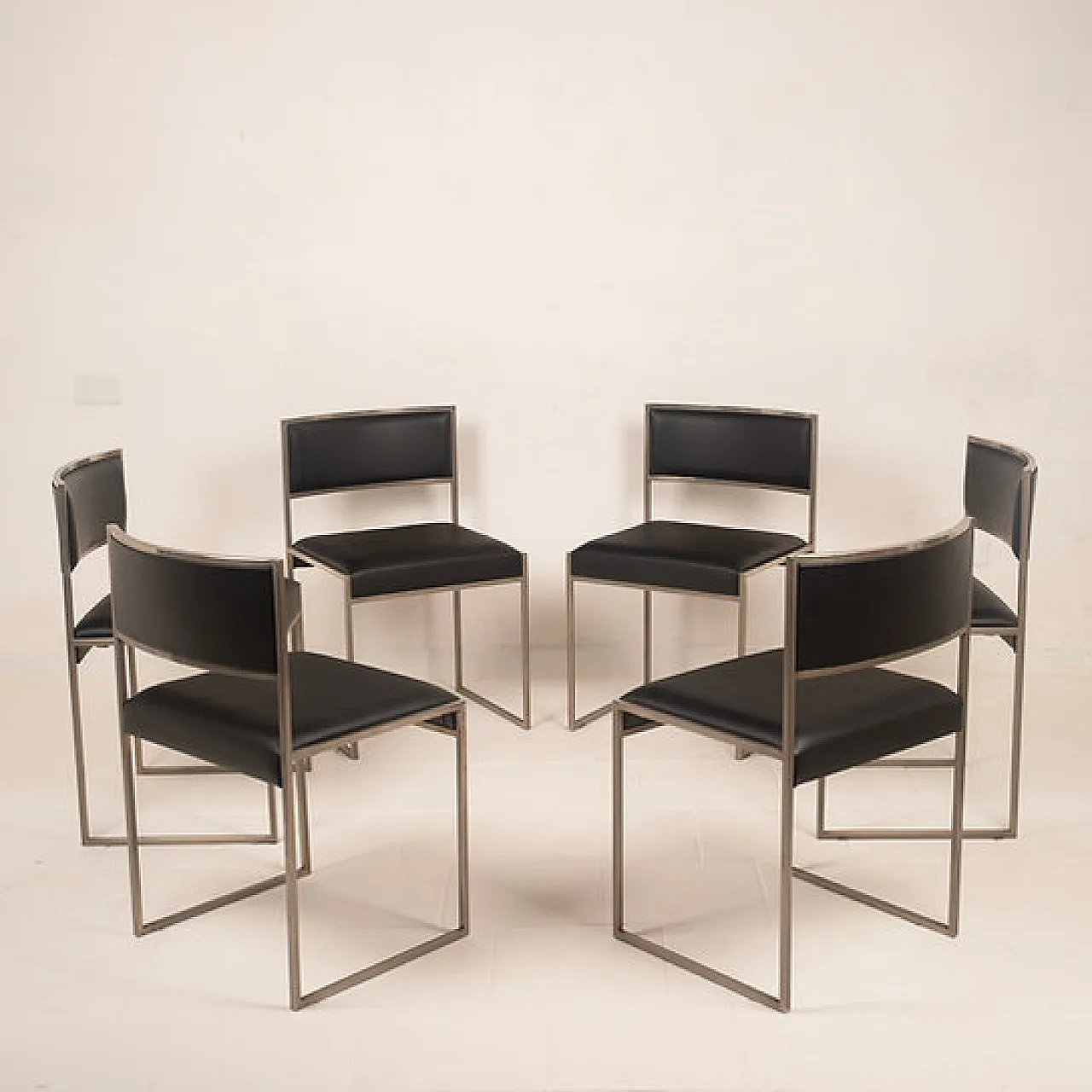6 SQ brushed steel and eco-leather dining chairs by Willy Rizzo, 1970s 3