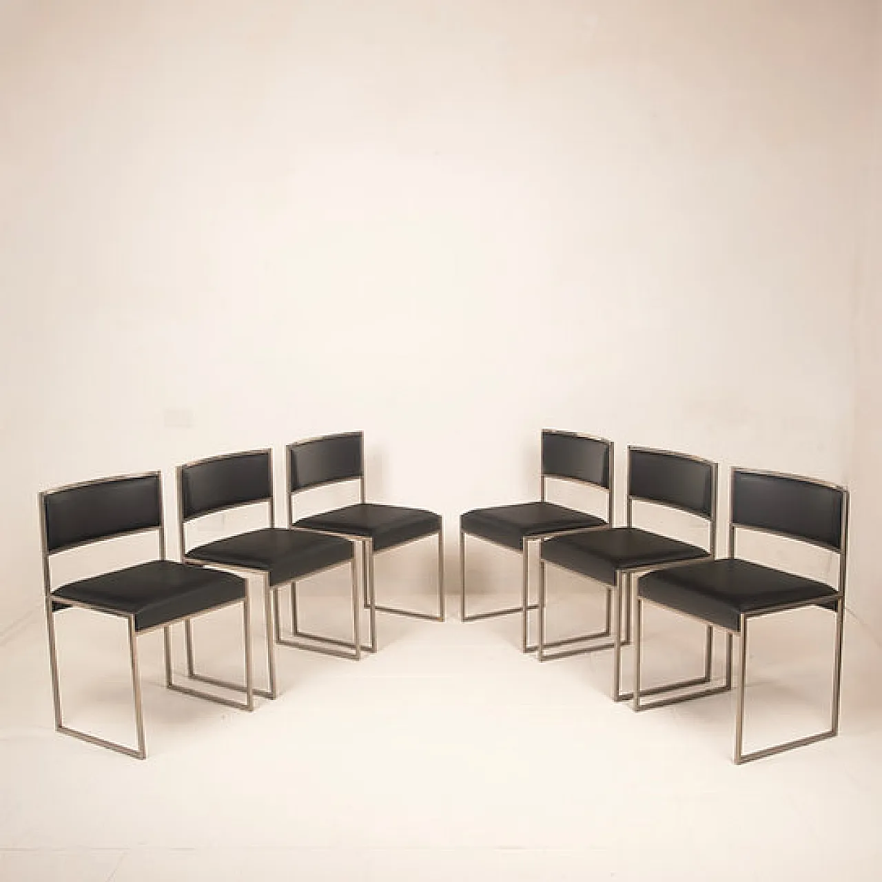 6 SQ brushed steel and eco-leather dining chairs by Willy Rizzo, 1970s 4