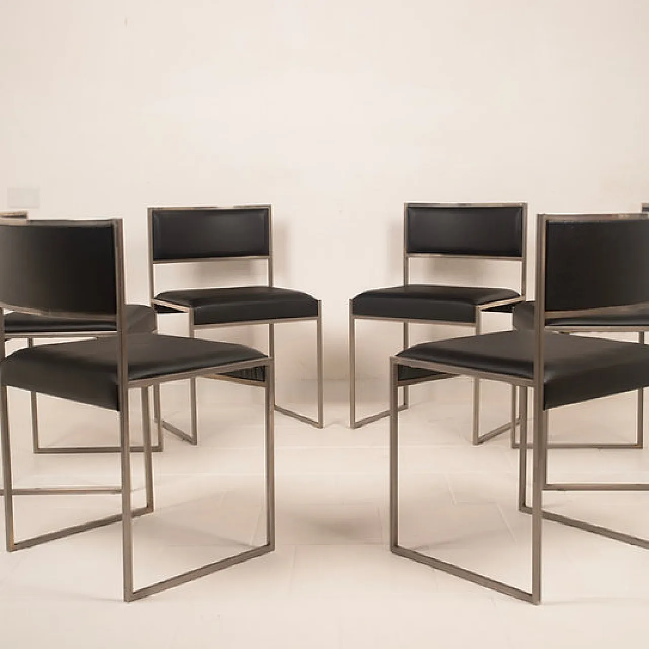6 SQ brushed steel and eco-leather dining chairs by Willy Rizzo, 1970s 5