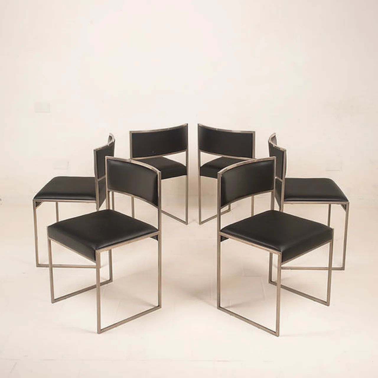 6 SQ brushed steel and eco-leather dining chairs by Willy Rizzo, 1970s 6
