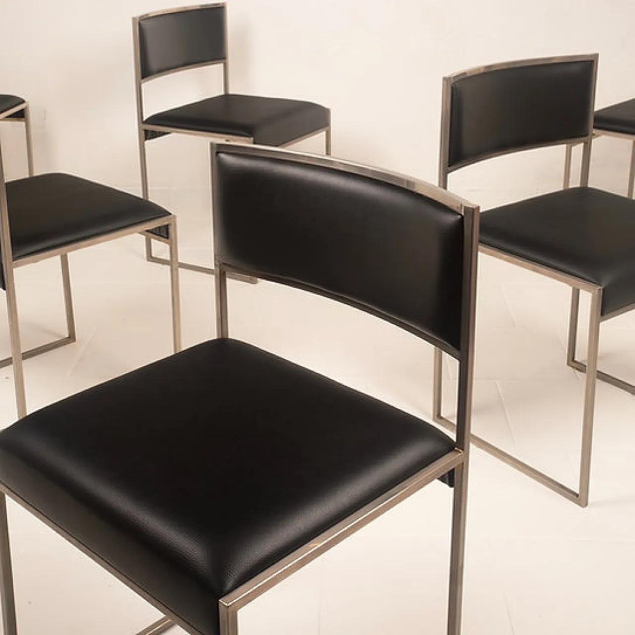 6 SQ brushed steel and eco-leather dining chairs by Willy Rizzo, 1970s 7