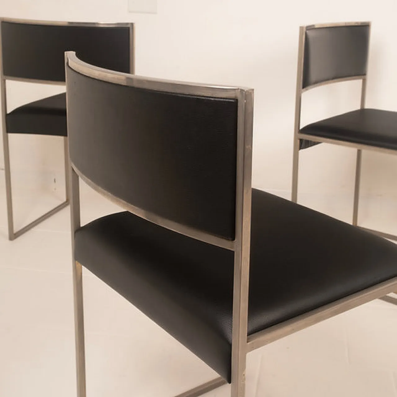 6 SQ brushed steel and eco-leather dining chairs by Willy Rizzo, 1970s 8