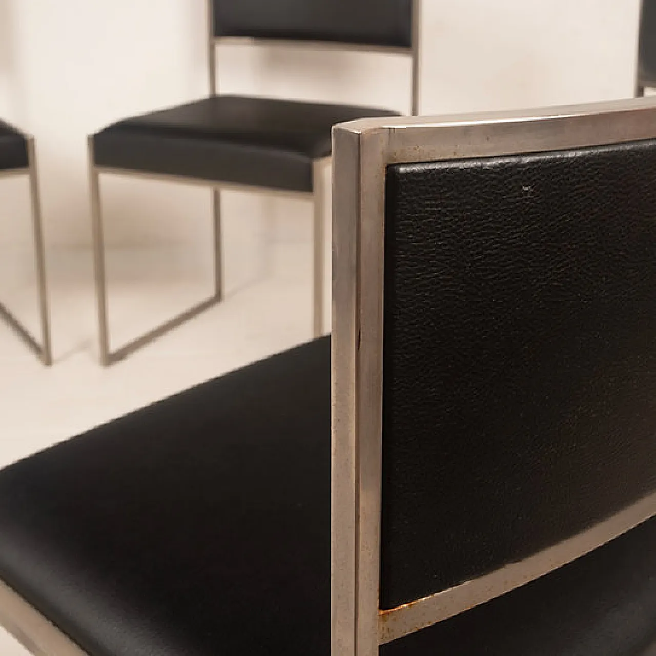 6 SQ brushed steel and eco-leather dining chairs by Willy Rizzo, 1970s 9